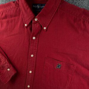 VTG Ralph Lauren Polo Bear Logo Combed Cotton Button Up Shirt Men Red Heavy Soft